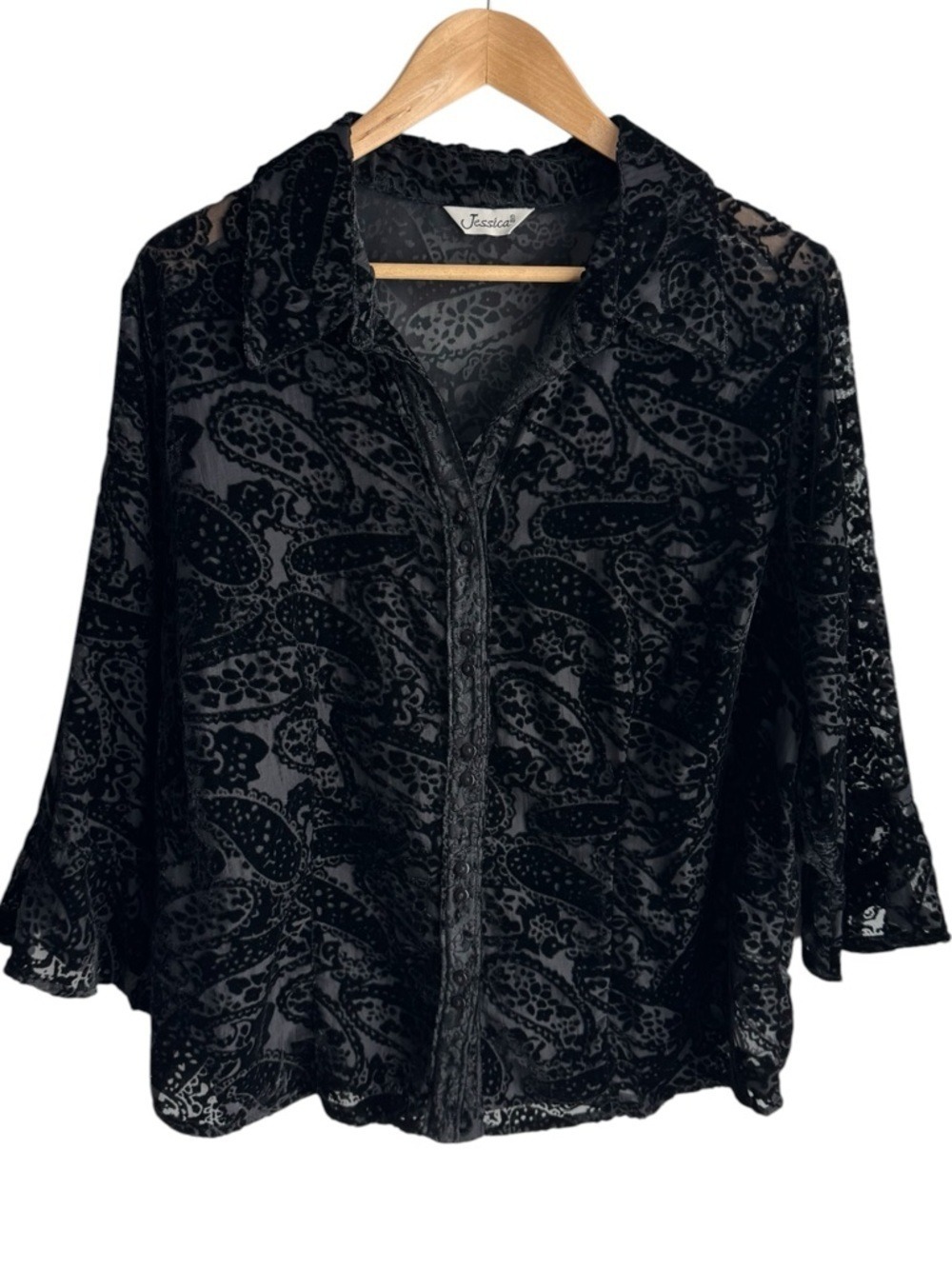 Vintage 90s Witchy Velvet Burnout Button Front Shirt 1X Black Sheer Paisley Goth